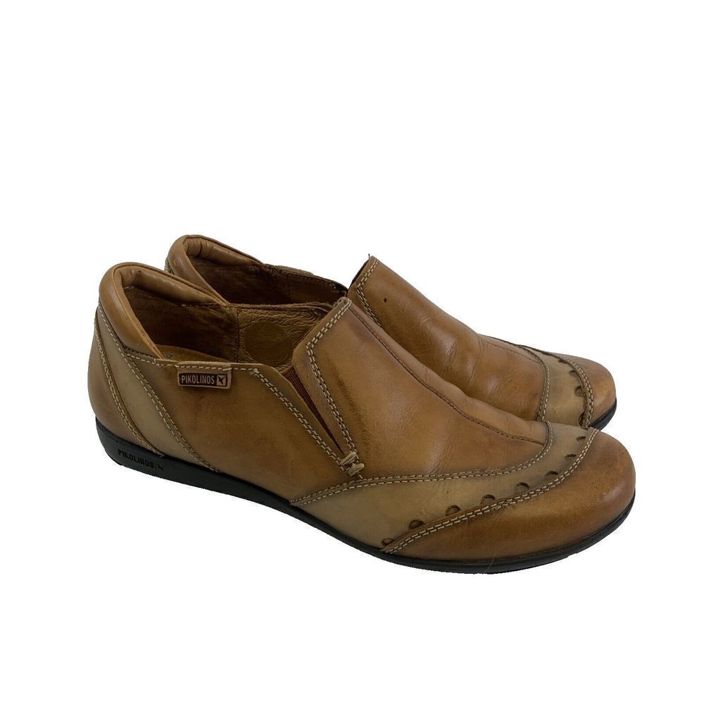 Pikolinos Leather Slip On Shoe Brown Tan Flat Round Toe Gore Womens 37 US 6.5